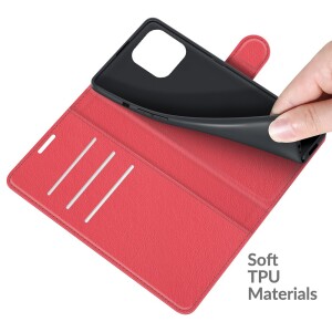 iPhone 13 Pro Max Klapphülle mit Kartenfach und Aufsteller aus PU-Leder - Rot
